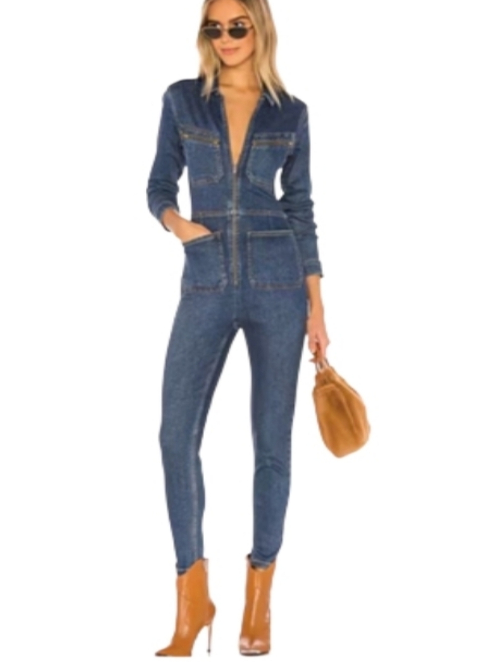 Free People Denim Zip-Front Jumpsuit in Dark Blue